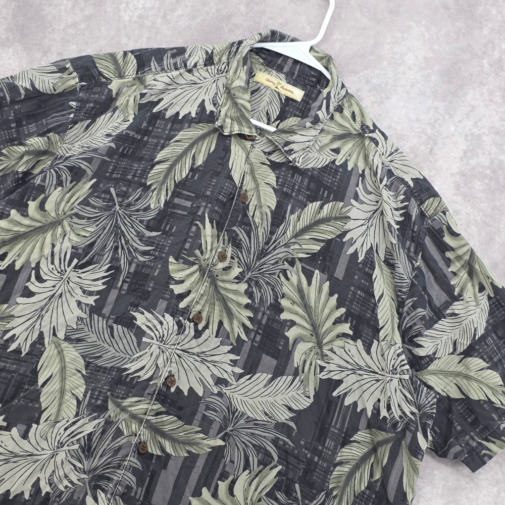 Tommy Bahama Mens XXL Silk Shirt Grey Green Palm Leaf Tropical Aloha Camp Button